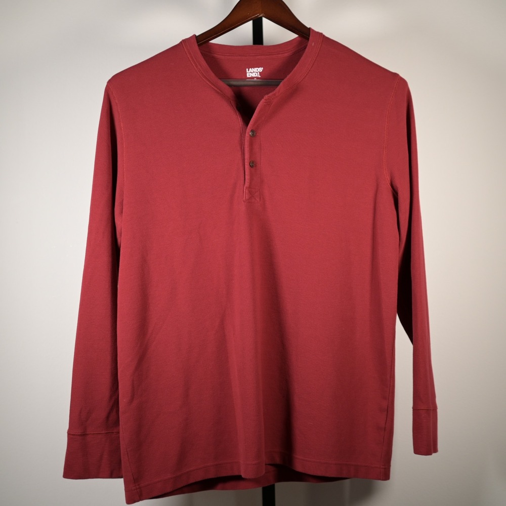 Lands End Mens XL Dark Red Waffle Knit Henley Long Sleeve Thermal Shirt Burgundy